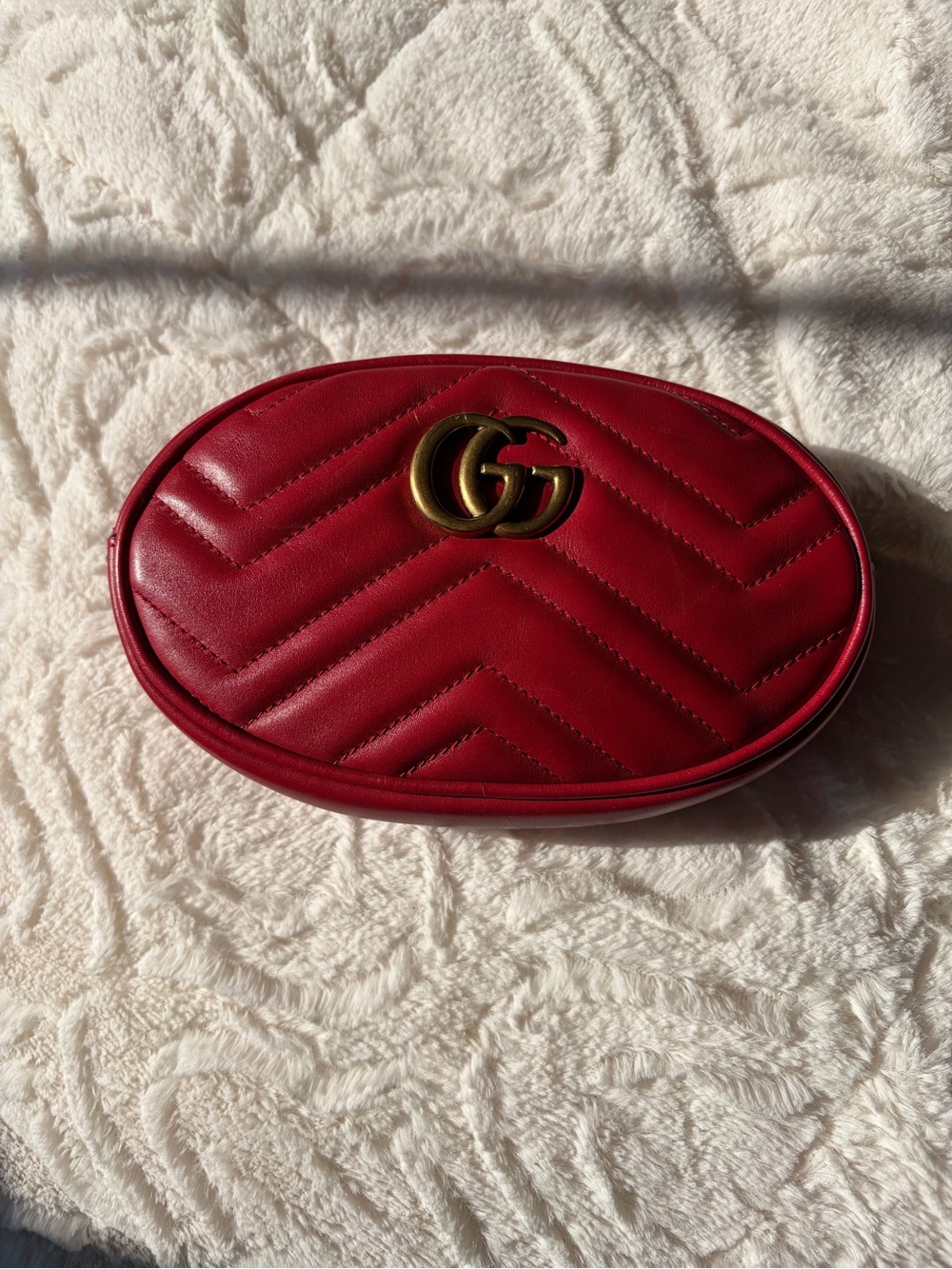 Gucci Red Leather GG Marmont Belt Bag/Crossbody with Gold Hardware - Authentic